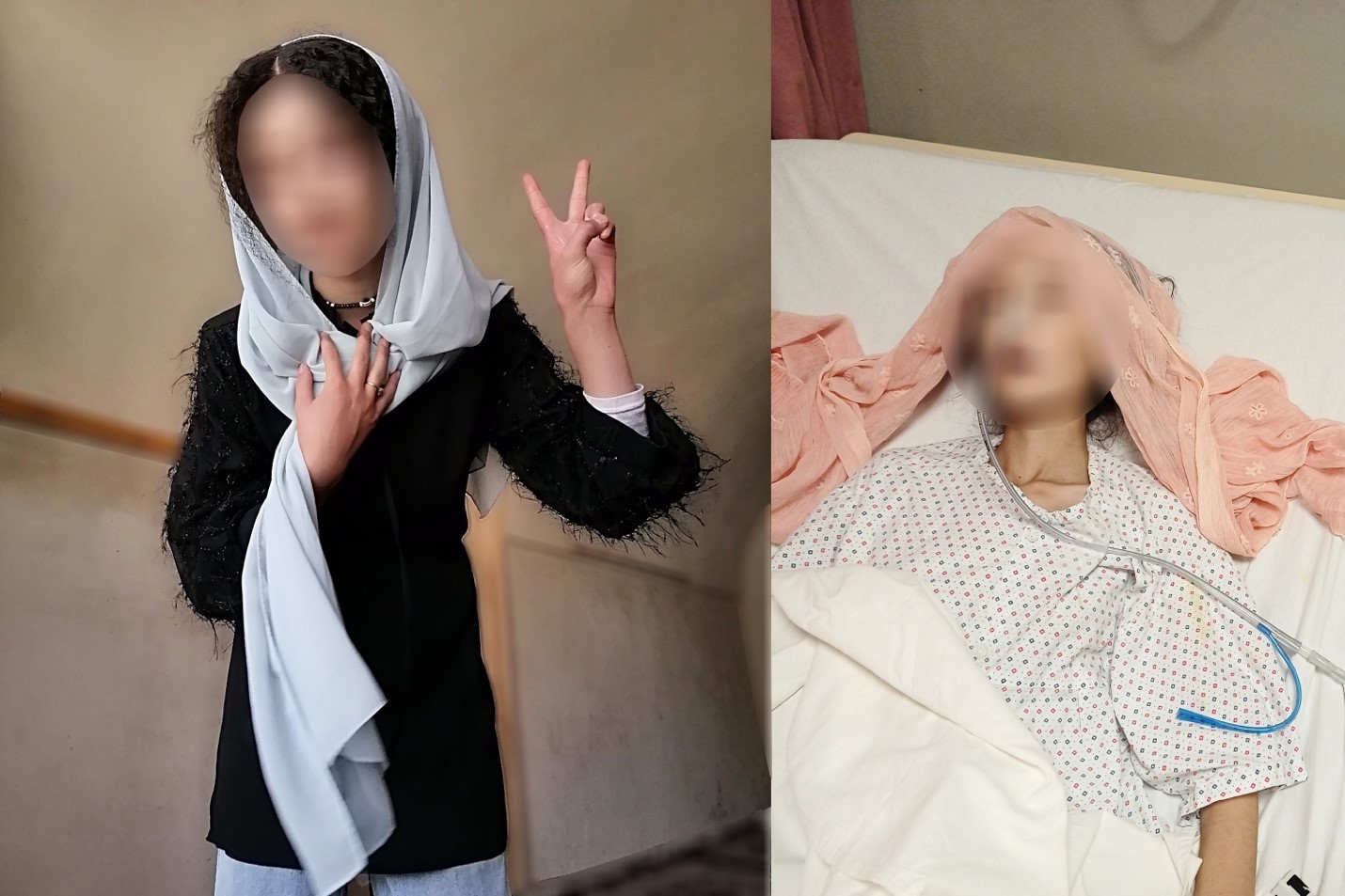 عکس‌های نیلاب؛ سمت راست او را روی تخت شفاخانه لیاقت نشنل در پاکستان و عکس سمت چپ نیلاب را قبل از اقدام به خودکشی نشان می‌دهد. عکس: ارسالی به رسانه‌ی رخشانه